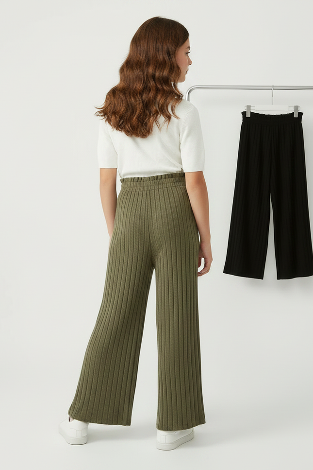 Pantalon Fluide Vert Côtelé Ample Tricoté Fille Décontracté - Kaki Maille - vue 2