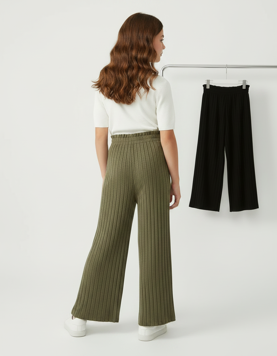 Pantalon Fluide Vert Côtelé Ample Tricoté Fille Décontracté - Kaki Maille - vue 2