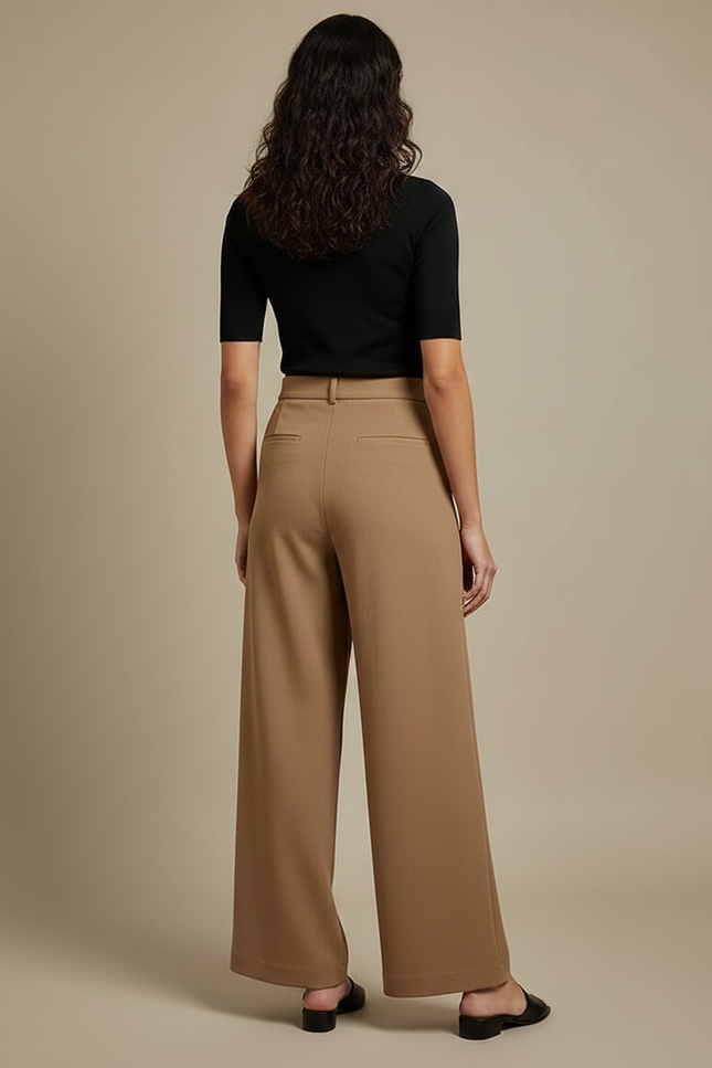 Pantalon Fluide Camel Ample Taille Haute Élégant Femme - Polyester - vue 2