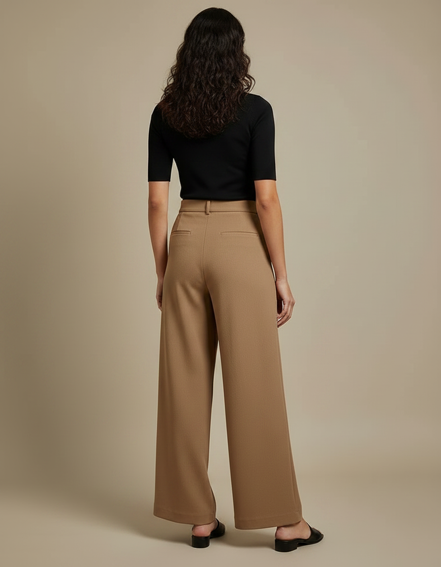 Pantalon Fluide Camel Ample Taille Haute Élégant Femme - Polyester - vue 2