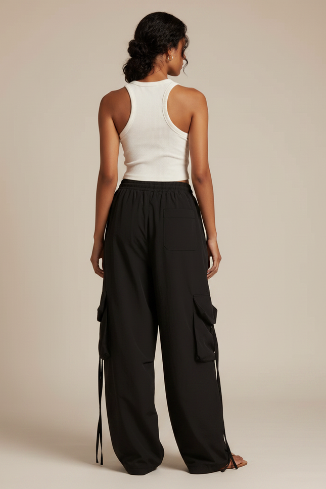 Pantalon Fluide Noir Ample Cargo Cordon Streetwear Femme - Polyester - vue 2