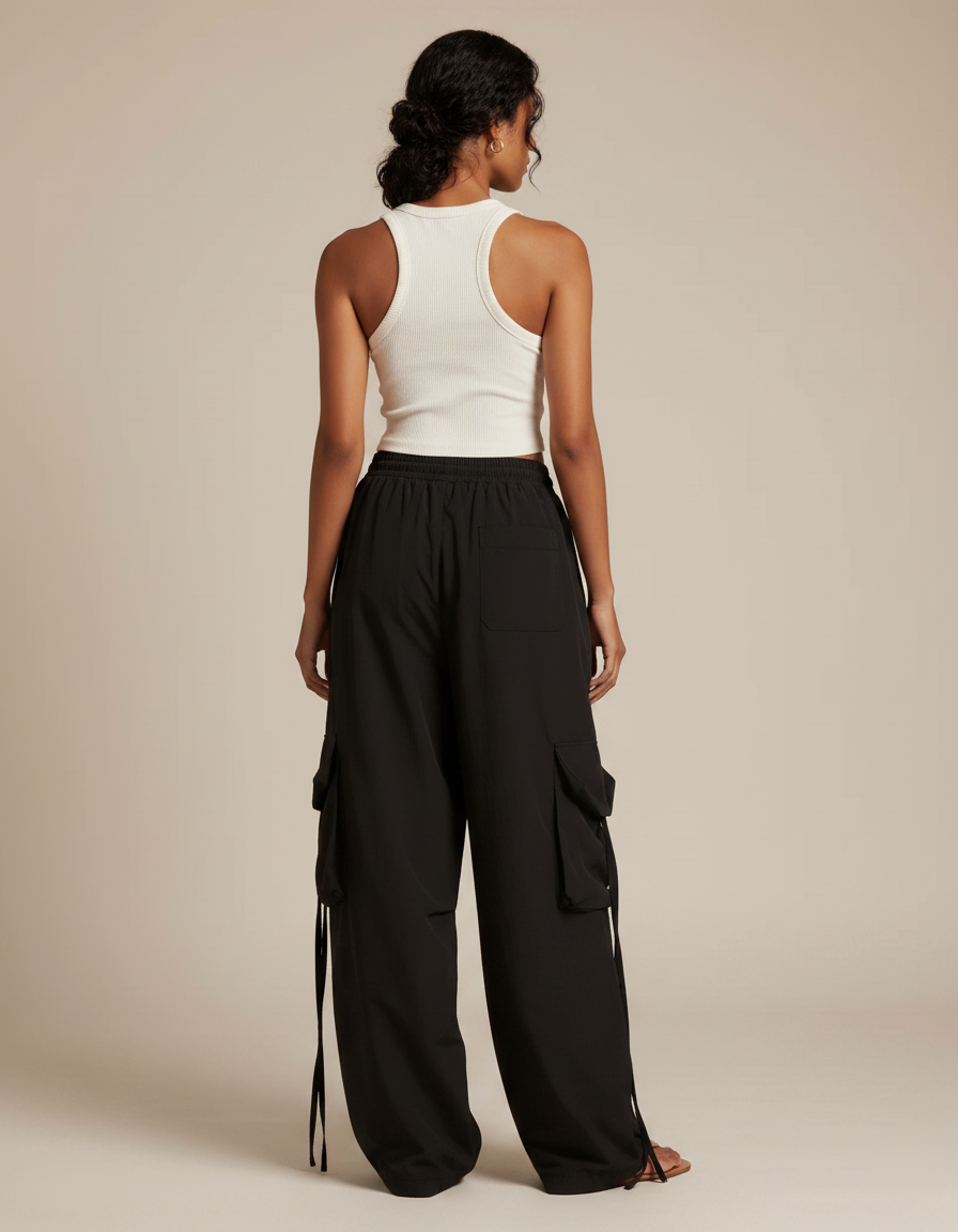 Pantalon Fluide Noir Ample Cargo Cordon Streetwear Femme - Polyester - vue 2