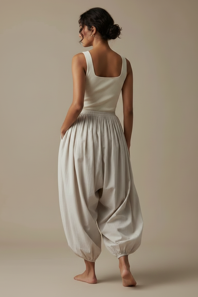 Pantalon Fluide Beige Ample Harem Confortable Femme - Coton - vue 2
