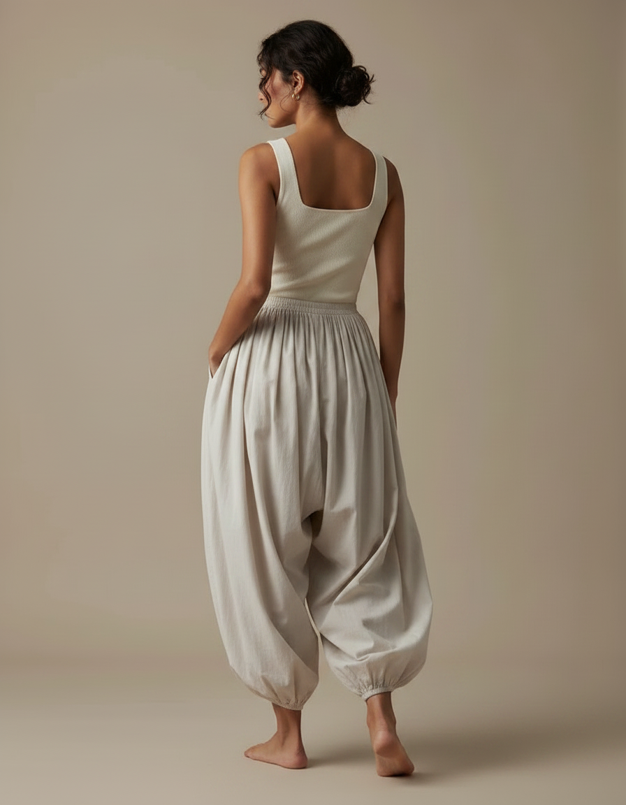 Pantalon Fluide Beige Ample Harem Confortable Femme - Coton - vue 2
