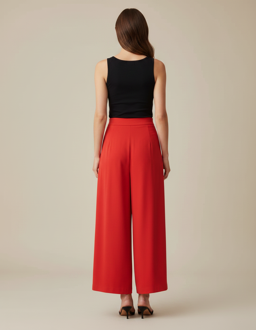 Pantalon Fluide Rouge Ample Plissé Décontracté Élégant - Polyester - vue 2