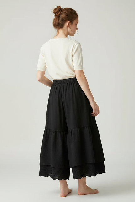 Pantalon Fluide Noir Ample Superposé Brodé Coton - vue 2