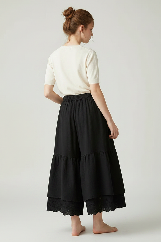 Pantalon Fluide Noir Ample Superposé Brodé Coton - vue 2