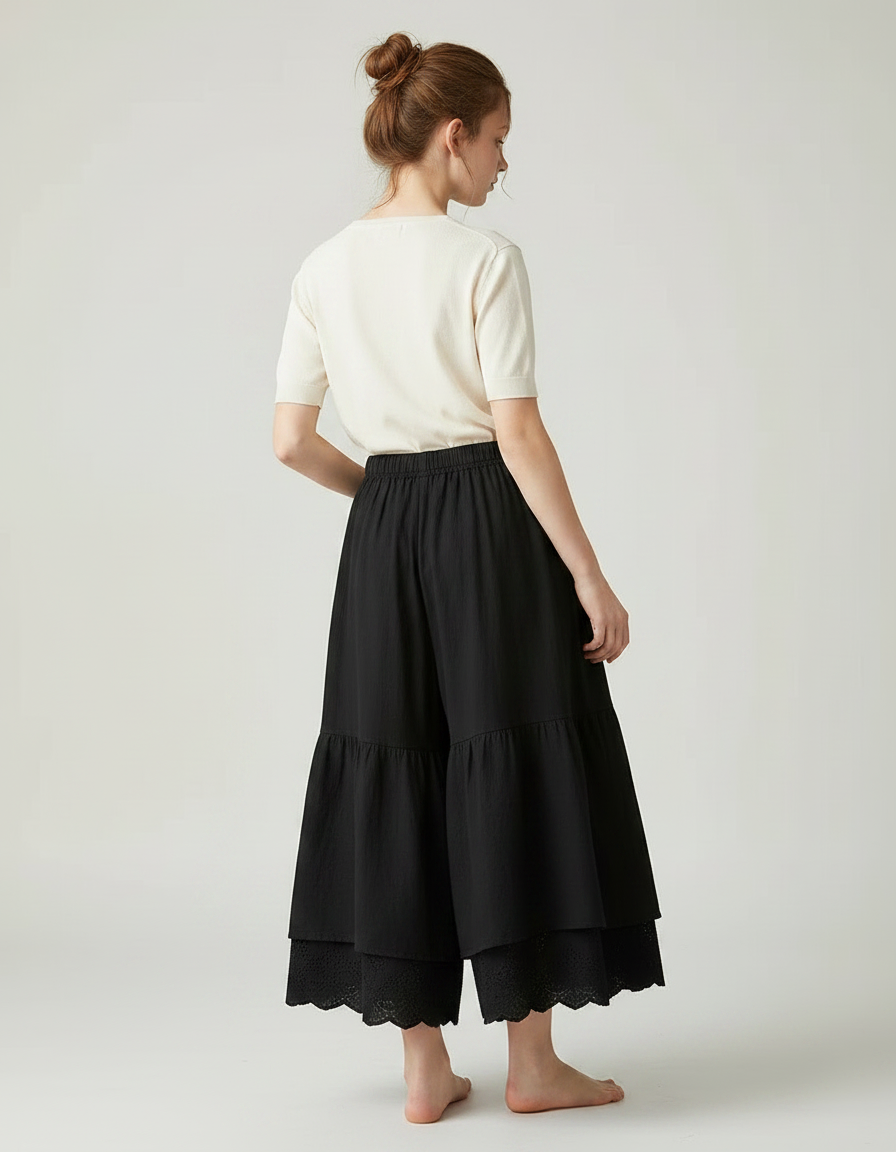 Pantalon Fluide Noir Ample Superposé Brodé Coton - vue 2