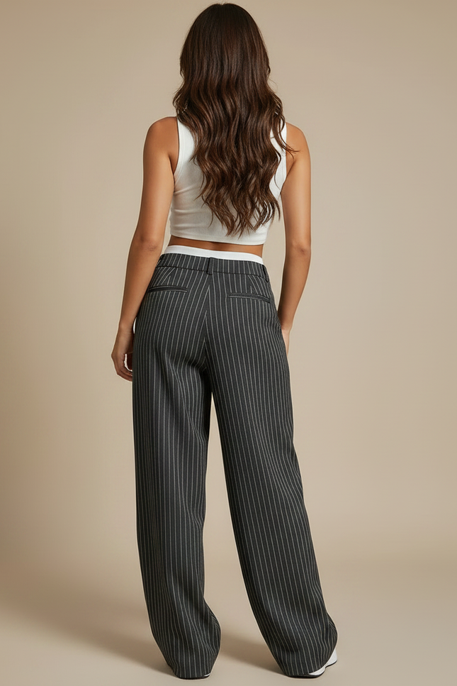 Pantalon Fluide Rayé Noir Ample Taille Haute - Polyester - vue 2