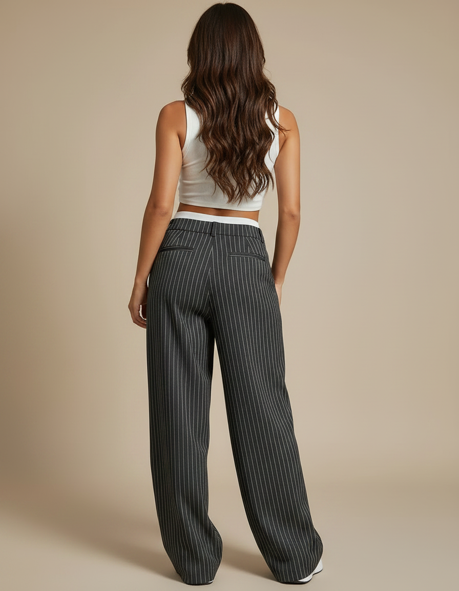 Pantalon Fluide Rayé Noir Ample Taille Haute - Polyester - vue 2