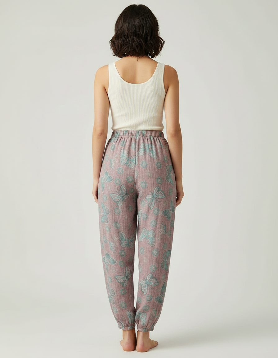 Pantalon Fluide Rose Coton Imprimé Papillons Ample Confortable - vue 2