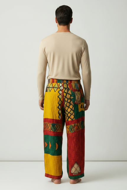 Pantalon Fluide Ethnique Coloré Ample Patchwork Coton - Multicolore - vue 2