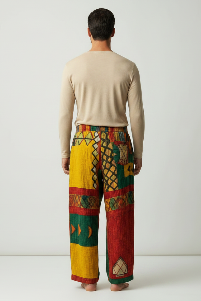 Pantalon Fluide Ethnique Coloré Ample Patchwork Coton - Multicolore - vue 2