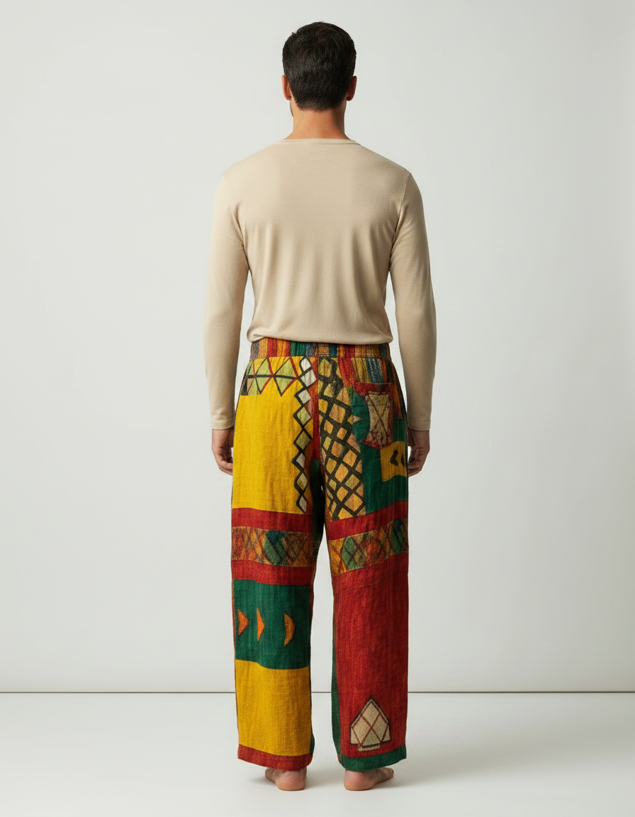 Pantalon Fluide Ethnique Coloré Ample Patchwork Coton - Multicolore - vue 2