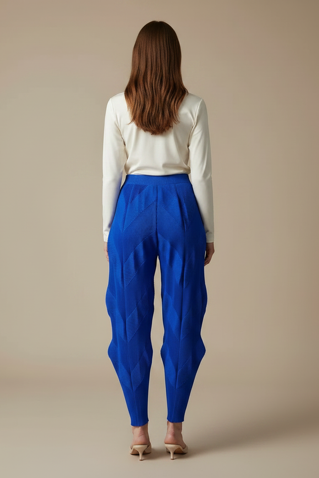 Pantalon Fluide Plissé Bleu Élastique Chevrons Femme Élégant - Polyester - vue 2