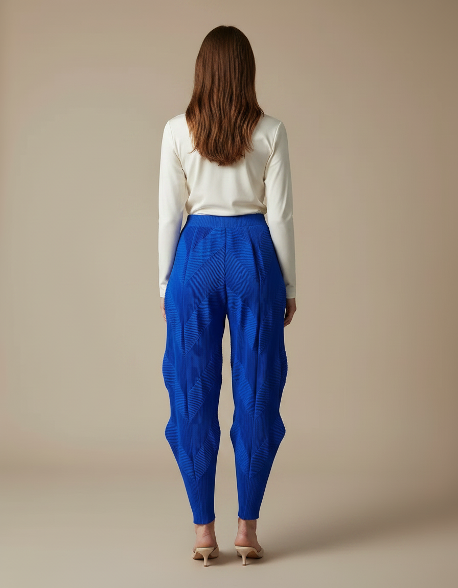 Pantalon Fluide Plissé Bleu Élastique Chevrons Femme Élégant - Polyester - vue 2