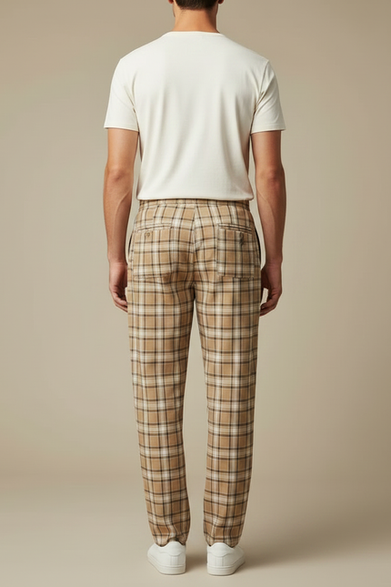 Pantalon Fluide Carreaux Beige Ample Décontracté Homme - Viscose - vue 2