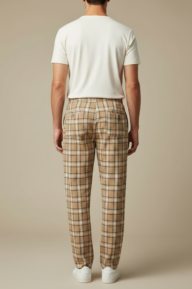 Pantalon Fluide Carreaux Beige Ample Décontracté Homme - Viscose - vue 2