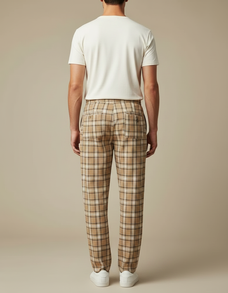 Pantalon Fluide Carreaux Beige Ample Décontracté Homme - Viscose - vue 2