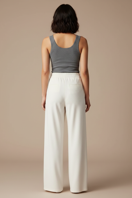 Pantalon Fluide Écru Ample Cordon Décontracté Élégant - Beige Maille - vue 2