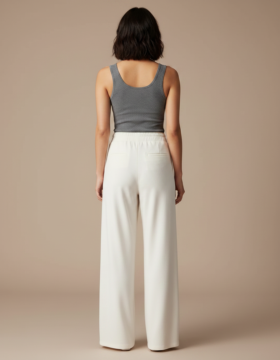 Pantalon Fluide Écru Ample Cordon Décontracté Élégant - Beige Maille - vue 2