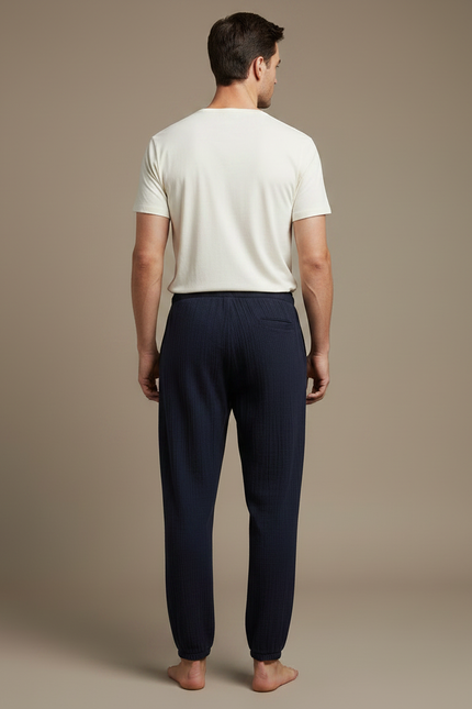 Pantalon Fluide Bleu Marine Coton Côtelé Ample Homme - Cordé - vue 2
