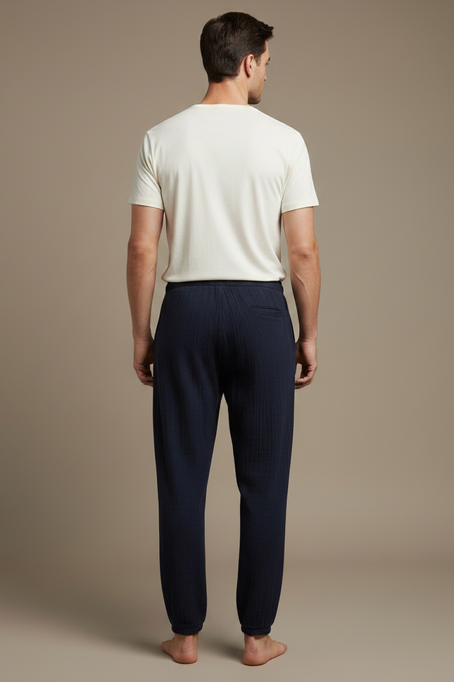 Pantalon Fluide Bleu Marine Coton Côtelé Ample Homme - Cordé - vue 2