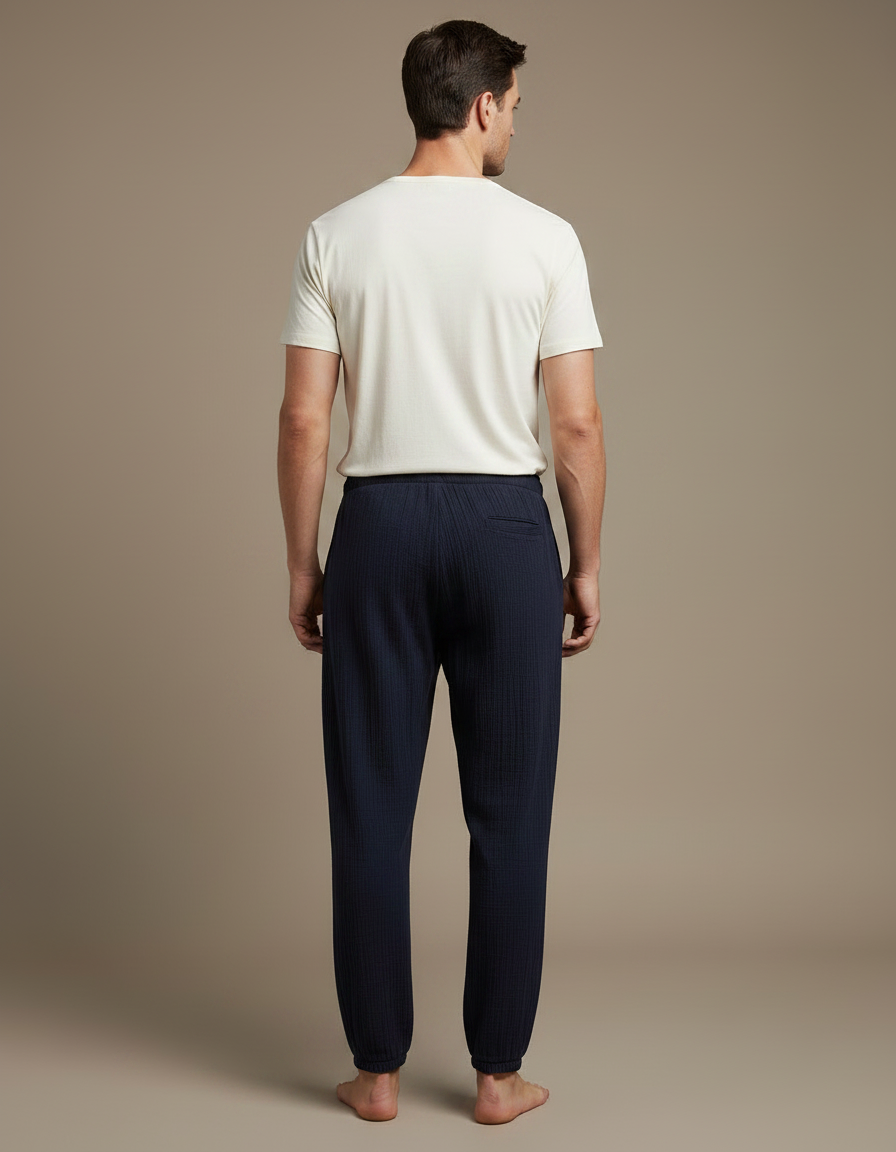 Pantalon Fluide Bleu Marine Coton Côtelé Ample Homme - Cordé - vue 2