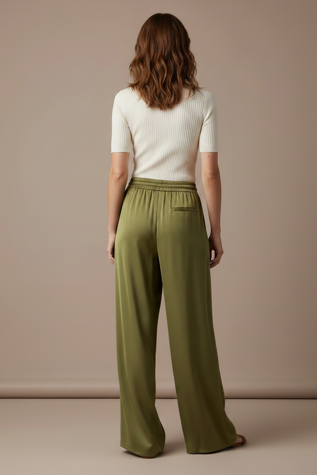 Pantalon Fluide Vert Ample Satiné Taille Élastique - vue 2