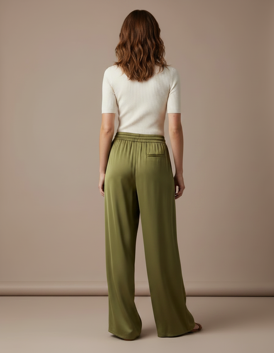 Pantalon Fluide Vert Ample Satiné Taille Élastique - vue 2