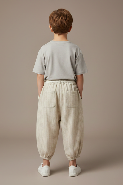 Pantalon Fluide Écru Rayé Ample Coton Enfant - Beige - vue 2
