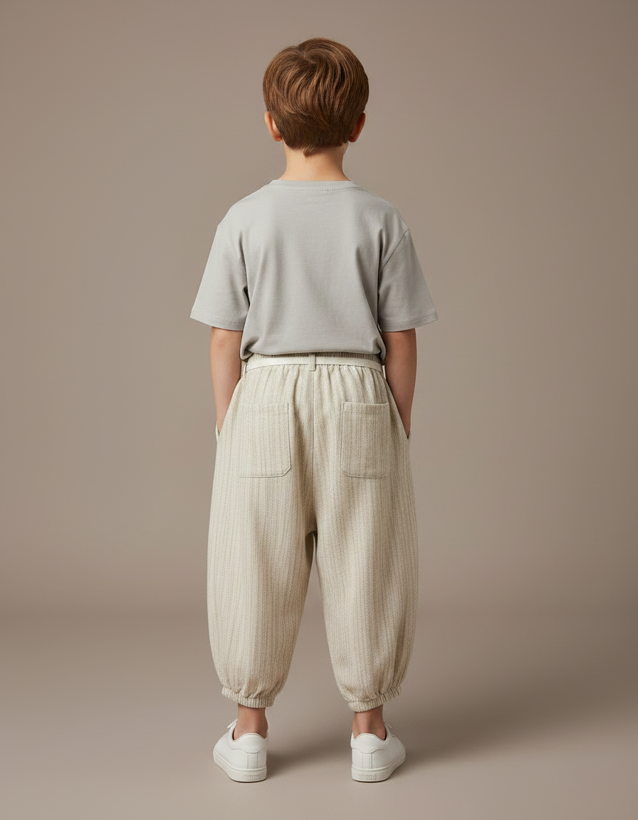 Pantalon Fluide Écru Rayé Ample Coton Enfant - Beige - vue 2