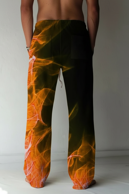 Pantalon Fluide Noir Flammes Orange Ample Cordon Homme - Multicolore Polyester
