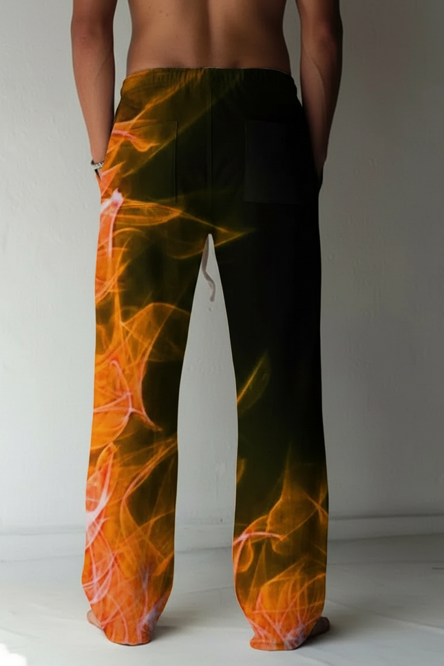 Pantalon Fluide Noir Flammes Orange Ample Cordon Homme - Multicolore Polyester