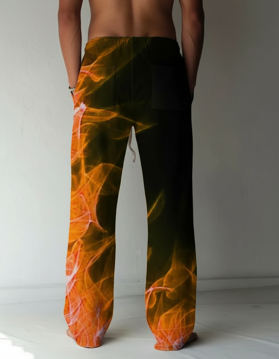 Pantalon Fluide Noir Flammes Orange Ample Cordon Homme - Multicolore Polyester