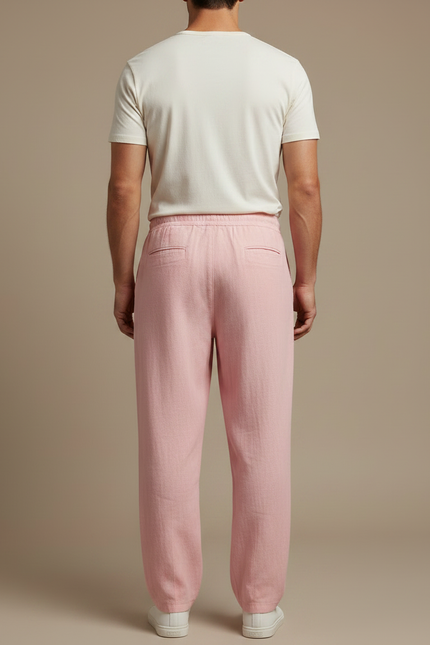 Pantalon Fluide Rose Lin Ample Cordon Décontracté Homme - vue 2