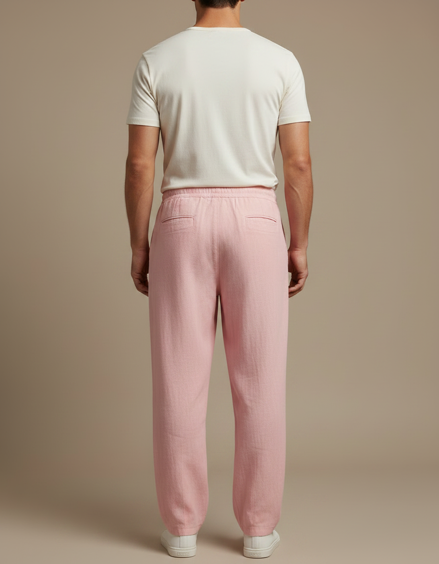 Pantalon Fluide Rose Lin Ample Cordon Décontracté Homme - vue 2