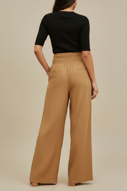 Pantalon Fluide Ample Taille Haute Plissé Marron - Camel Viscose - vue 2