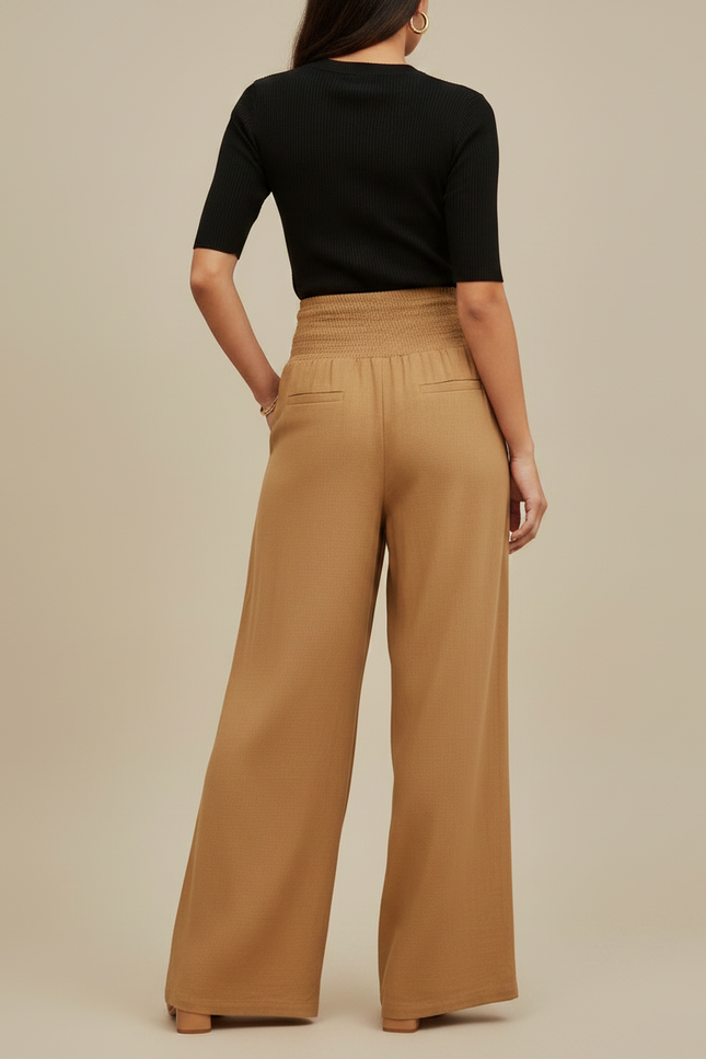 Pantalon Fluide Ample Taille Haute Plissé Marron - Camel Viscose - vue 2