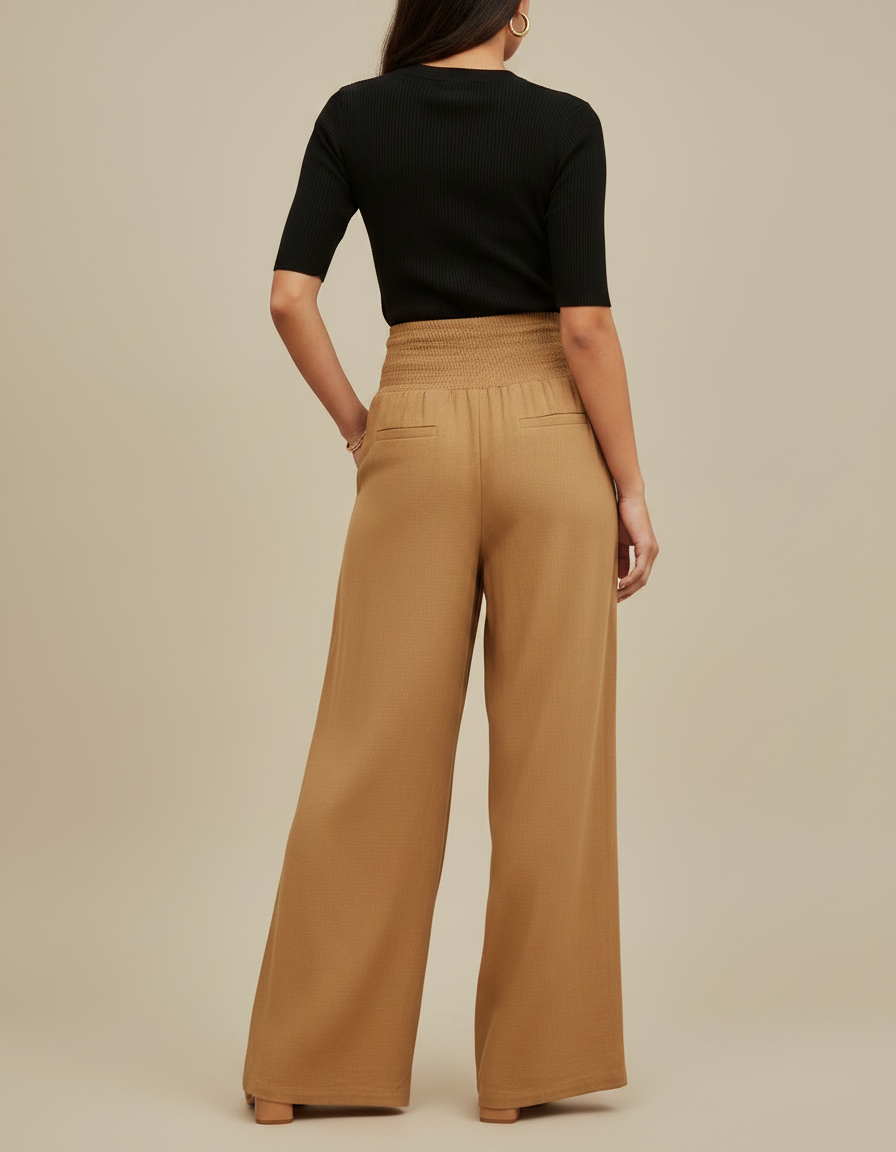 Pantalon Fluide Ample Taille Haute Plissé Marron - Camel Viscose - vue 2