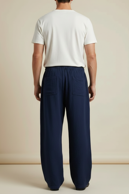 Pantalon Fluide Bleu Marine Ample Coton Lin Casual - vue 2