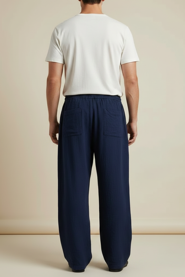 Pantalon Fluide Bleu Marine Ample Coton Lin Casual - vue 2