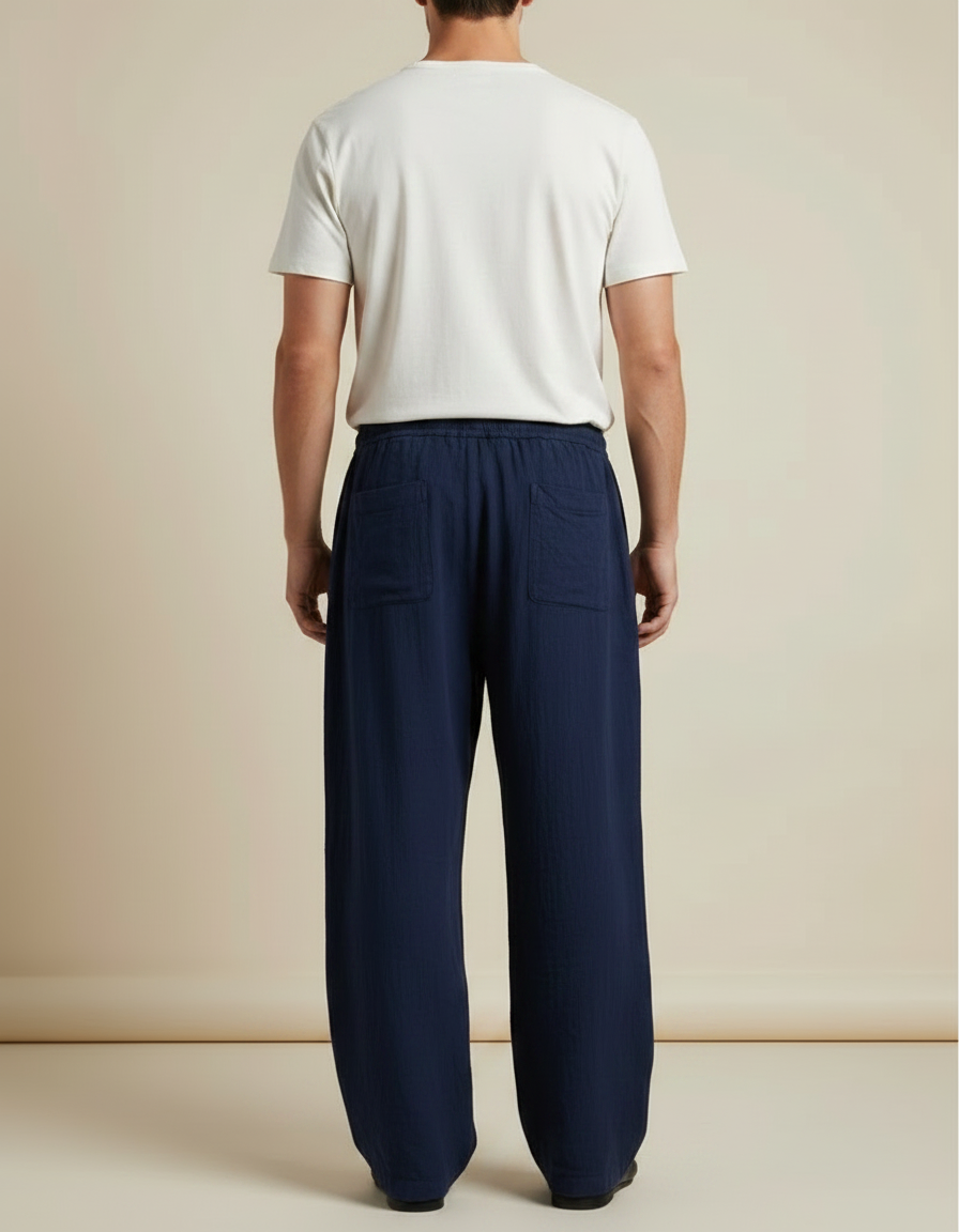 Pantalon Fluide Bleu Marine Ample Coton Lin Casual - vue 2