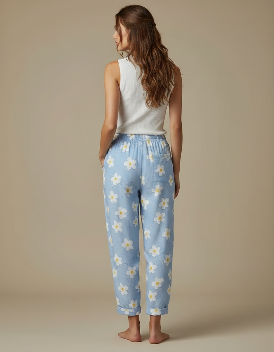 Pantalon Fluide Bleu Ciel Imprimé Fleurs Ample Décontracté - Viscose - vue 2