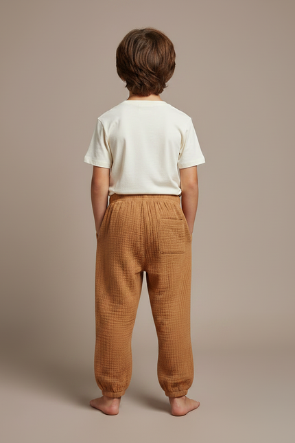 Pantalon Fluide Marron Ample Coton Gaze Confortable Garçon - vue 2