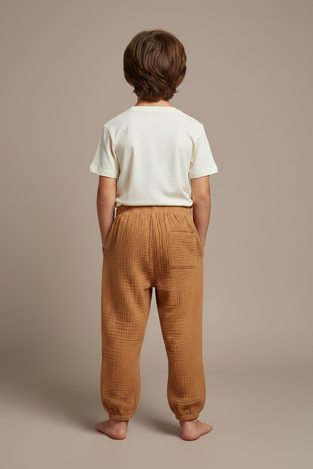 Pantalon Fluide Marron Ample Coton Gaze Confortable Garçon - vue 2