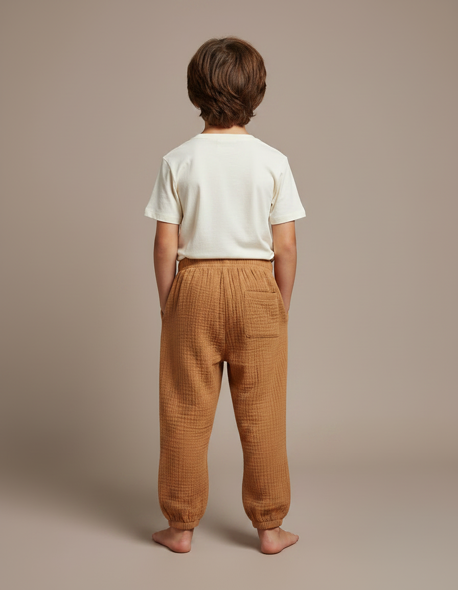Pantalon Fluide Marron Ample Coton Gaze Confortable Garçon - vue 2
