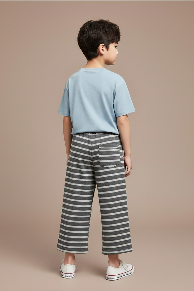 Pantalon Fluide Rayé Large Coton Décontracté Enfant - Gris Molleton - vue 2
