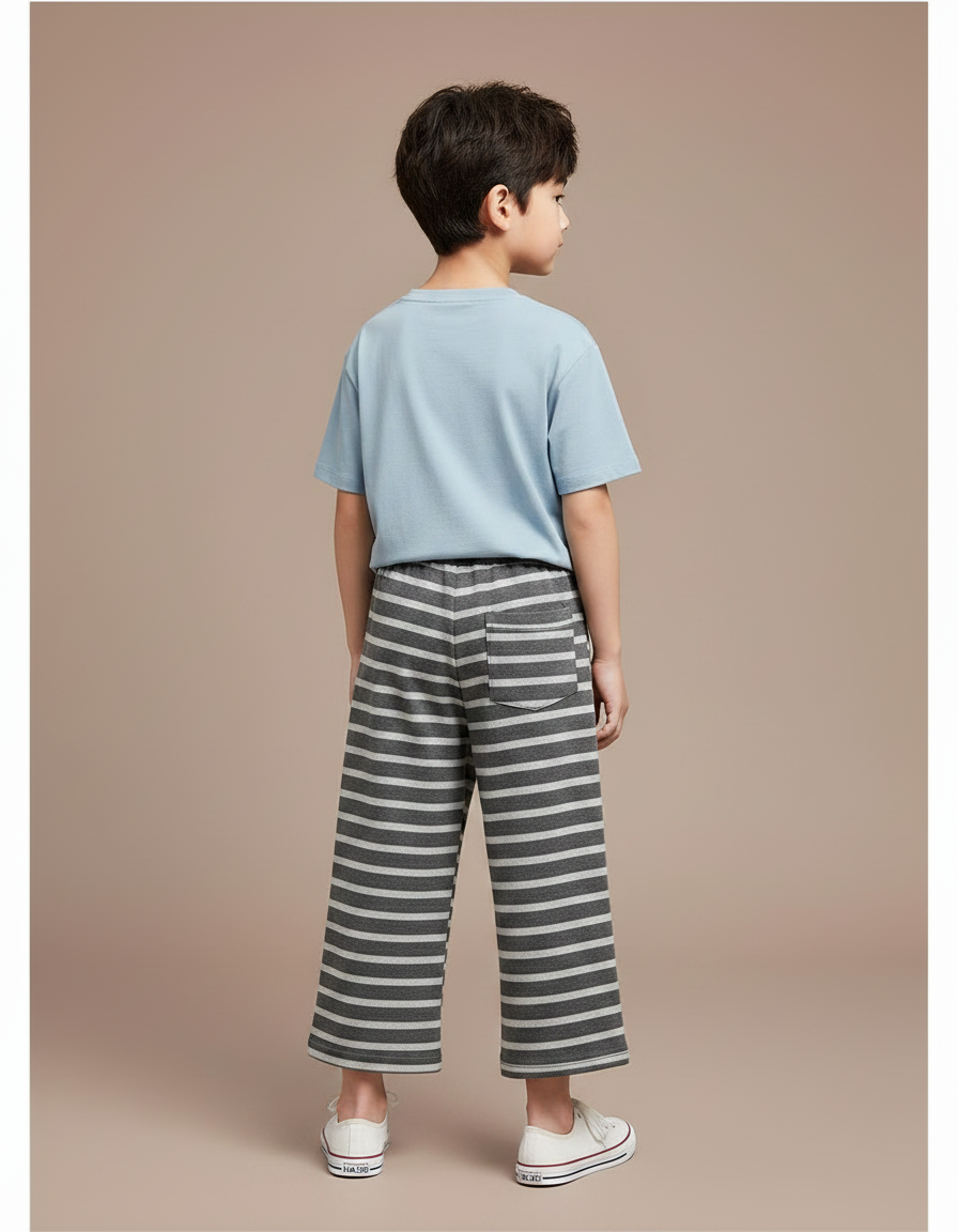 Pantalon Fluide Rayé Large Coton Décontracté Enfant - Gris Molleton - vue 2