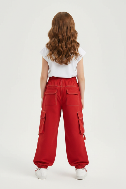 Pantalon Fluide Rouge Cargo Ample Cordon Enfant - Molleton - vue 2